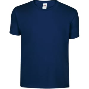 A navy blue short-sleeved T-shirt with a labelled neckline and a solid colour design. It features a logo on the label.