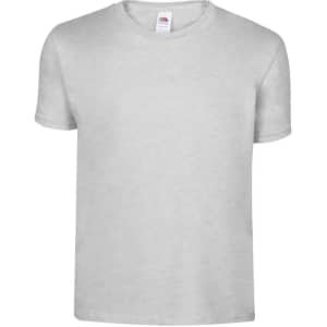 A grey children's t-shirt with a round neck and short sleeves. Features a brand logo inside the neck area.