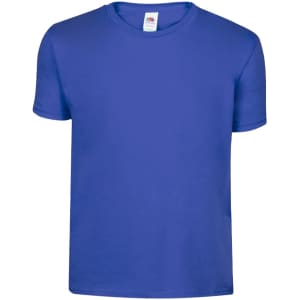 A blue short-sleeved children's t-shirt, featuring a simple design and a label on the neckline.