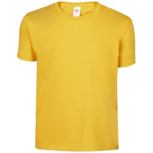 A yellow t-shirt with short sleeves, featuring a tag and a logo on the inside collar.
