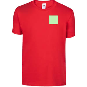 A red t-shirt with a green square design on the front, featuring a logo on the label.