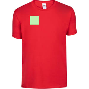 A red kids' t-shirt featuring a small green square on the front, with a logo on the label.