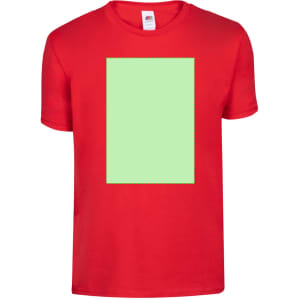 A red T-shirt with a large blank green rectangular area on the front and a logo on the neckline.