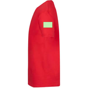 A red kids' t-shirt with a green patch on the sleeve, featuring a simple and classic design.