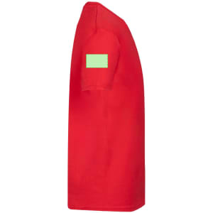 A red kids' T-shirt featuring a green patch on the sleeve and a simple design.