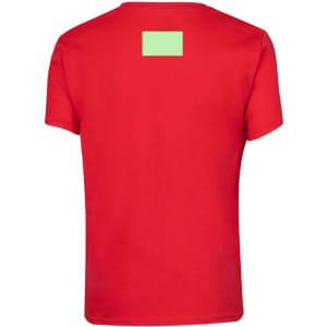 A red children's t-shirt with a green rectangular label on the back and no visible graphics or designs.