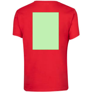 A red T-shirt with a large blank green rectangle on the back and a logo.