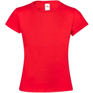 A red t-shirt with short sleeves and a crew neck, featuring a label and a simple design.
