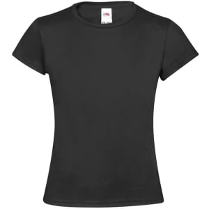 A black T-shirt with a classic fit and short sleeves, featuring a logo on the label.