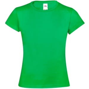 A bright green kids' T-shirt with short sleeves and a branding label at the neckline.