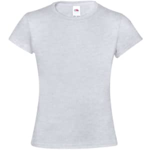 A grey kids' T-shirt featuring short sleeves and a fitted design; includes a logo on the label.