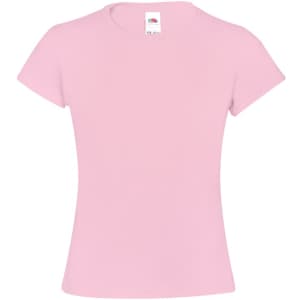 A pink kids' T-shirt with a fitted design and a logo tag at the neckline.