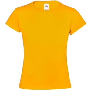 A bright yellow kids' t-shirt with short sleeves and a tag inside. It features a logo on the label.