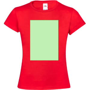 A red children's T-shirt featuring a green blank rectangle area for customisation. The shirt has a logo on the label.