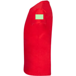 A red T-shirt displayed from the side, featuring a small green logo on the sleeve.