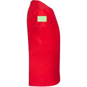 A red T-shirt with a short sleeve and a logo on the shoulder, featuring a green label.