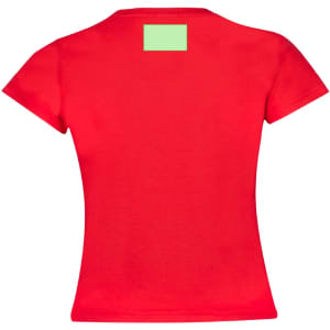 A red kids' t-shirt featuring a blank green section on the back and short sleeves. It has a logo on the front.