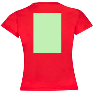 A red kids' t-shirt featuring a blank green rectangle on the back. The shirt has a logo on it.