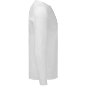 A white long sleeve adult t-shirt with a simple design and a logo on the side.