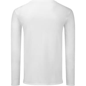 A white long sleeve t-shirt with a plain back and a logo.