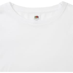 A white long sleeve adult T-shirt with a round neckline and a label featuring a logo.