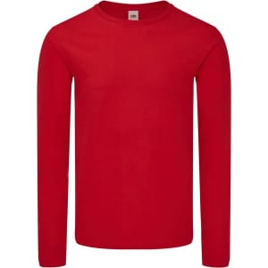 A red long sleeve T-shirt for adults, featuring a crew neck and a label inside the neck.