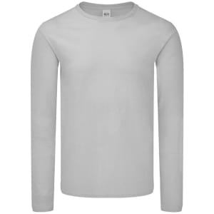 A light grey long sleeve adult T-shirt featuring a logo on the label.