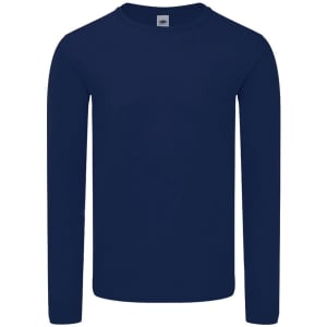A navy long sleeve adult T-shirt with a round neck and a logo on the label.