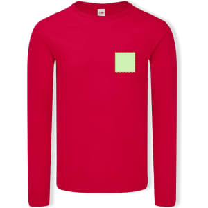 A red long sleeve adult T-shirt featuring a small green square patch. It has a logo on the front.
