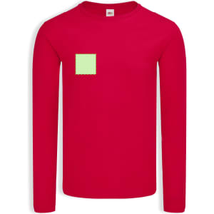 A red long sleeve t-shirt featuring a square patch in light green and a logo on the front.
