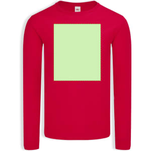 A red long sleeve t-shirt featuring a blank rectangular area in green, suitable for customization.