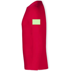 A red long sleeve adult t-shirt featuring a logo on the sleeve.