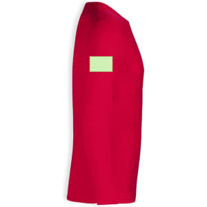A red long sleeve t-shirt with a plain logo on the sleeve, featuring a slightly fitted design.