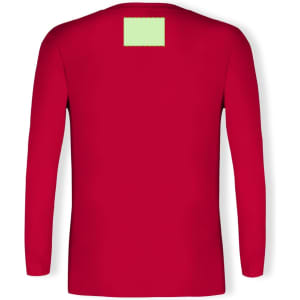A red long sleeve adult t-shirt featuring a branding label. The back is plain with a green tag area.