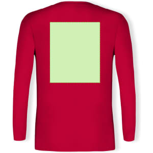 A red long sleeve t-shirt featuring a green rectangular logo area on the back.