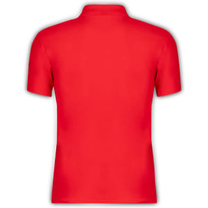 A red polo shirt with a classic collar and short sleeves, featuring a logo on the front.