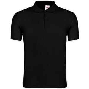 A black polo shirt with a collar and short sleeves, featuring a logo on the label.