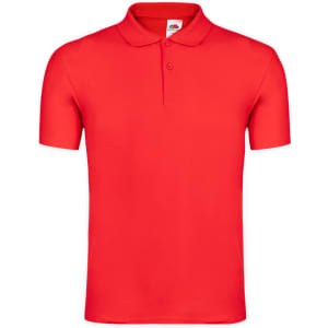 A bright red adult polo shirt with a classic collar and a logo on the label.