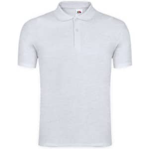 A light grey polo shirt with a classic collar and short sleeves, featuring a logo on the label.