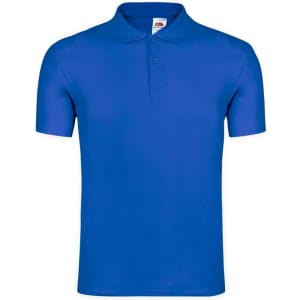 A blue polo shirt featuring a three-button placket and a logo on the tag.