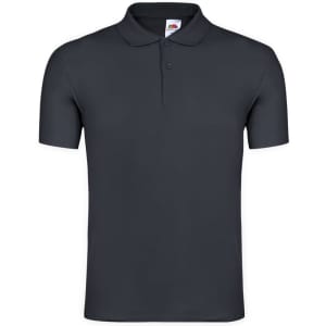 A dark grey polo shirt with a classic collar and short sleeves, featuring a logo on the tag.