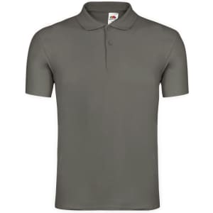 A grey adult polo shirt with a classic collar and a logo on the label. Short sleeves and a simple design.