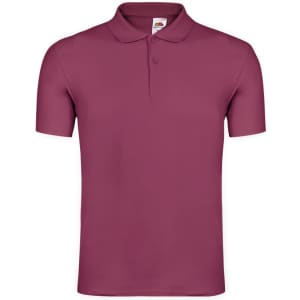 A maroon adult polo shirt featuring a collar and a logo. The shirt has a classic fit with short sleeves.