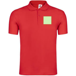 A red polo shirt featuring a blank patch on the front and a collar. It also has a logo on the neck label.