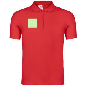A red polo shirt featuring a blank area for branding or logo placement. Short sleeves and a collar design are visible.