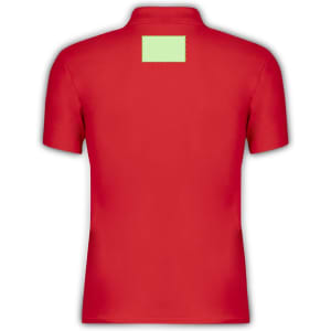 A red polo shirt featuring a plain back and a small green patch at the top. It has a logo on the front.