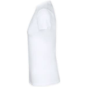 A white adult T-shirt with a short-sleeve design and a fitted silhouette. Features a logo on the side.
