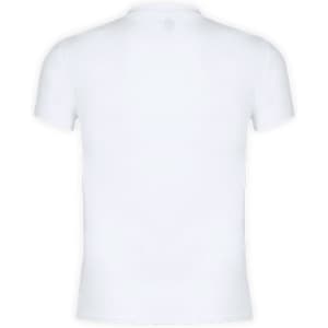 A plain white adult T-shirt with short sleeves and a fitted design, featuring an unembellished back.