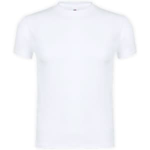 A plain white adult T-shirt with a round neck and short sleeves, featuring a small logo.