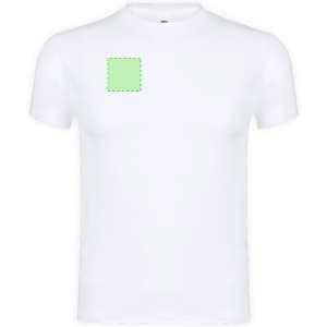 A plain white adult T-shirt featuring a square area on the front, indicating a logo or design placement.